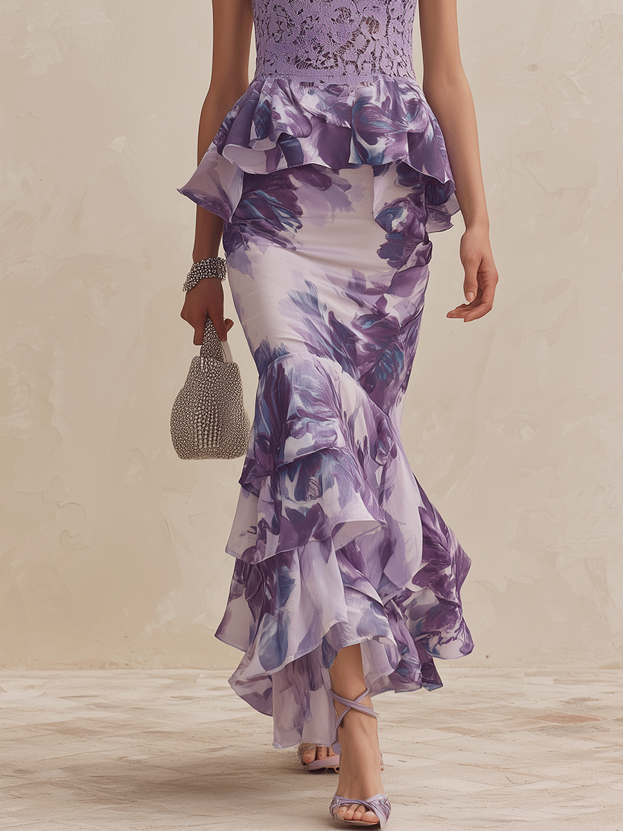Beatrice | Elegant Lace-Bodice Floral Ruffle Mermaid Lavender