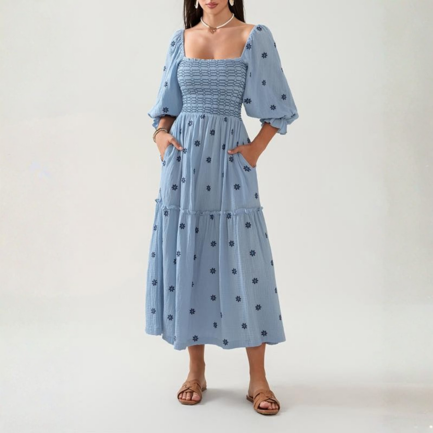Hannah | Comfy Floral Lantern Sleeve Square Neck Maxi Dress