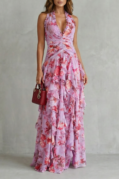 Sadie | Rose Print Long Dress with American Neckline