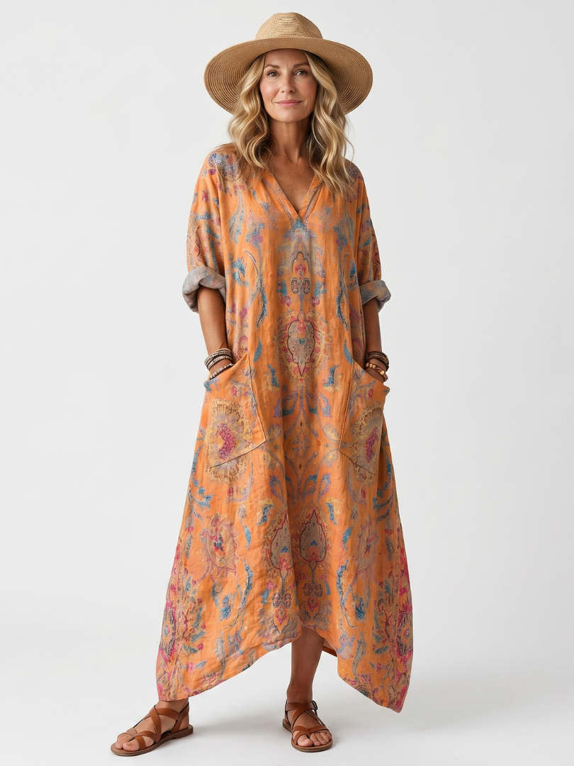 Romy | Notch Neck Printed Oversized Pocket Midi Dress