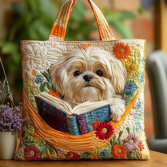 Artisan Tote Bag - Shih Tzu with Books and Flowers