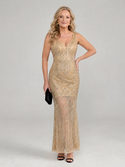 Sirea™ Sequin Sleeveless Sheer Panel Midi Dress