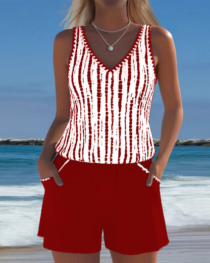 Mia | Casual Two Piece Printed V-Neck Swimsuit with Pockets