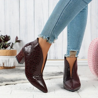 Luz | Women's Textured Ankle Boots with Curved Cut and Mid Block Heel