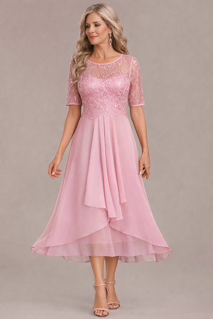 Sophie Elegant Lace Sleeve Round Neck Dress