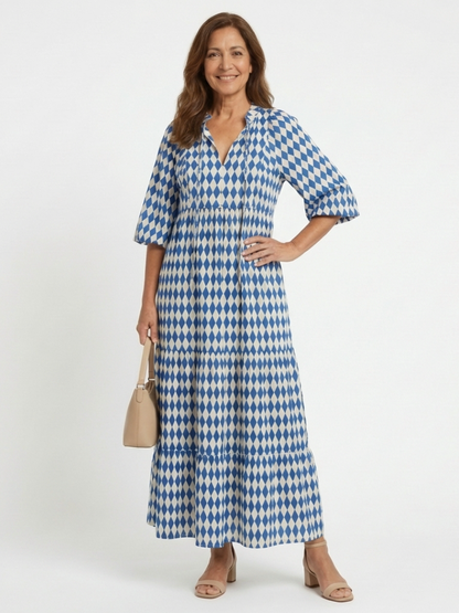 Elodie | Diamond Print Tiered Midi Dress