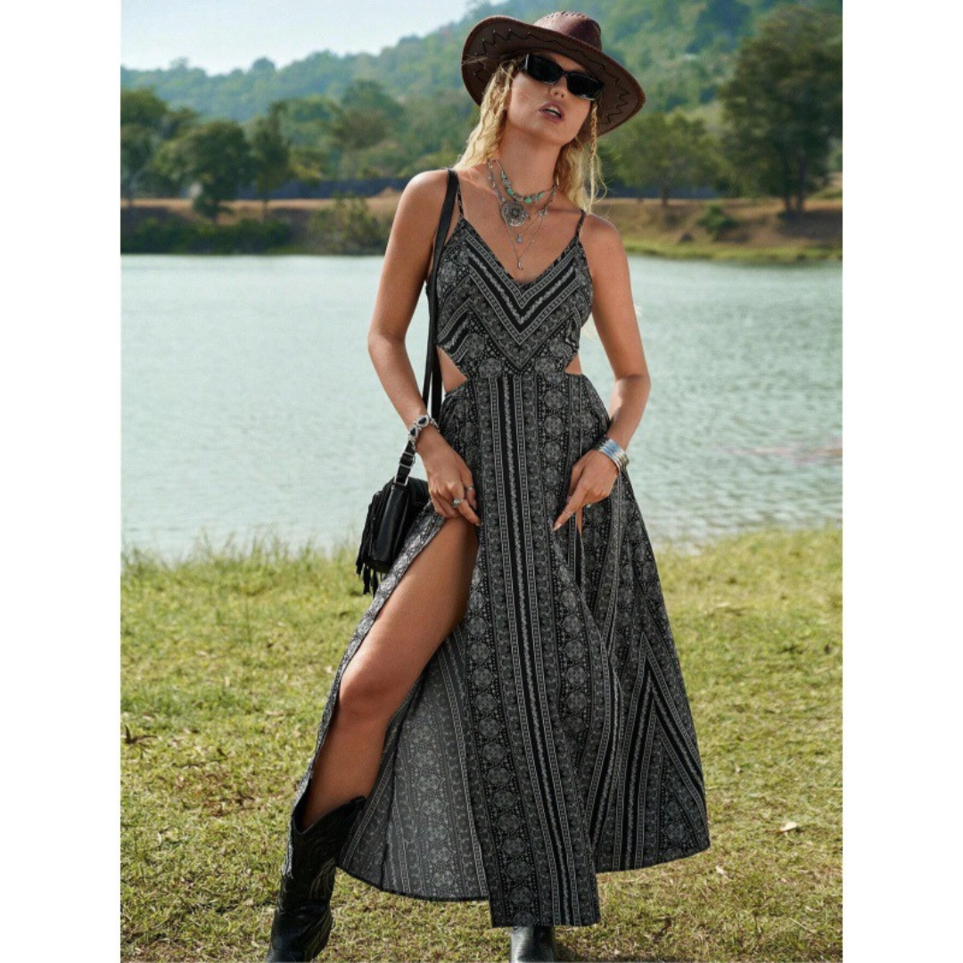 Clarinda | Casual Deep V-Neck Shirred Sleeveless Maxi Dress