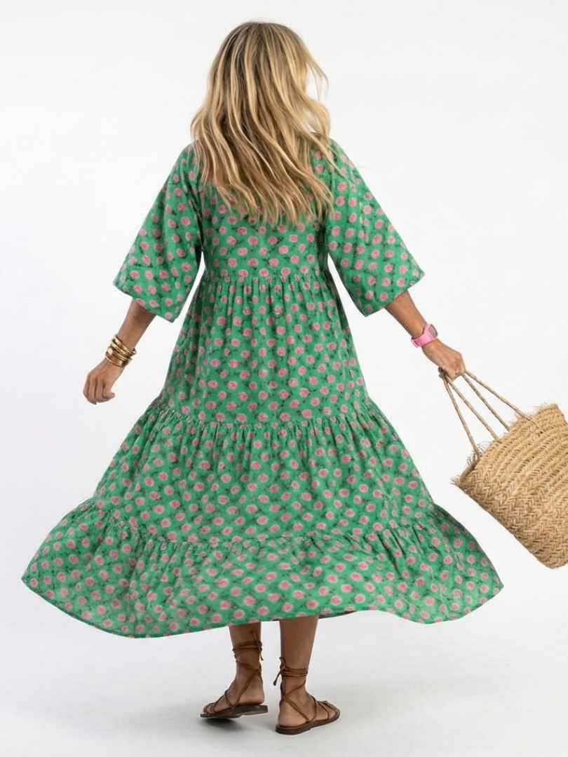 Fiora | Floral Print V-Neck Tiered Midi Dress
