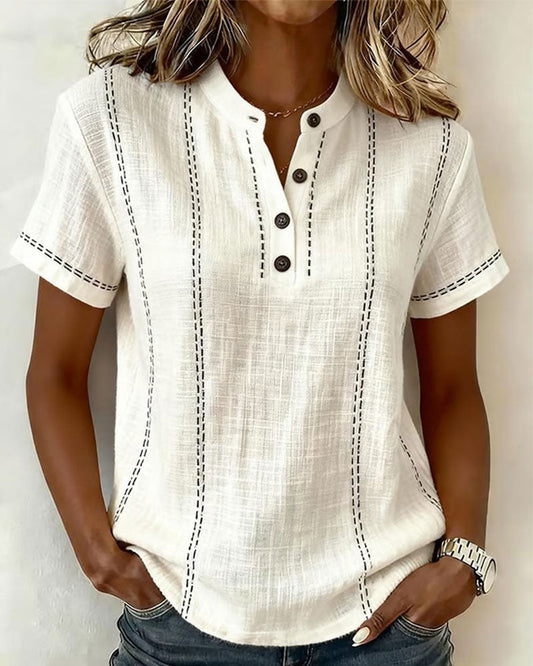 Linda | Casual Button V-Neck Tee