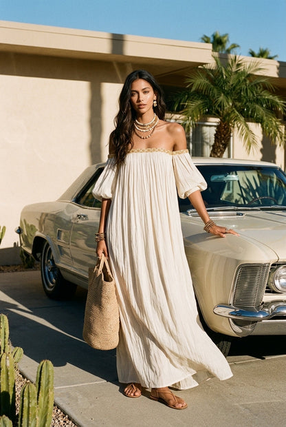 Inez | Pleated Off-Shoulder Maxi Dress