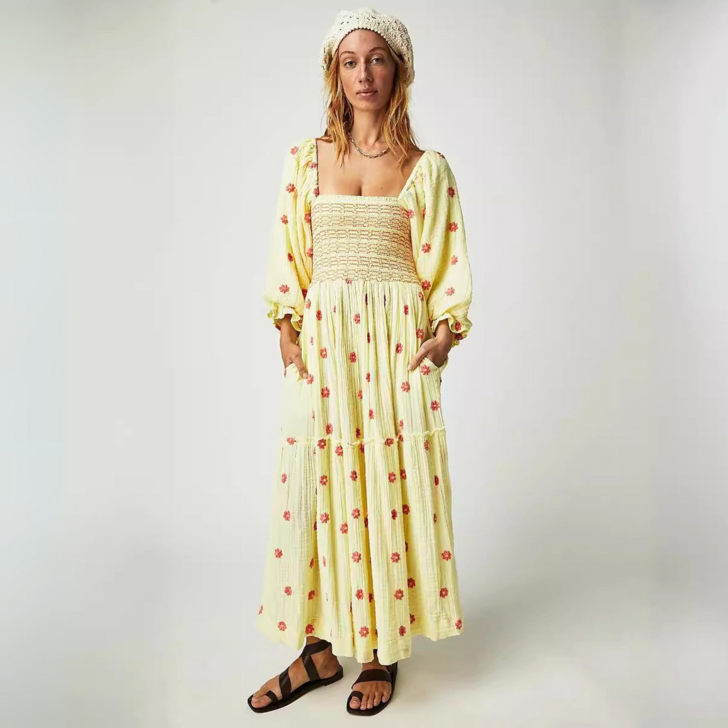 Hannah | Comfy Floral Lantern Sleeve Square Neck Maxi Dress
