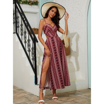 Clarinda | Casual Deep V-Neck Shirred Sleeveless Maxi Dress