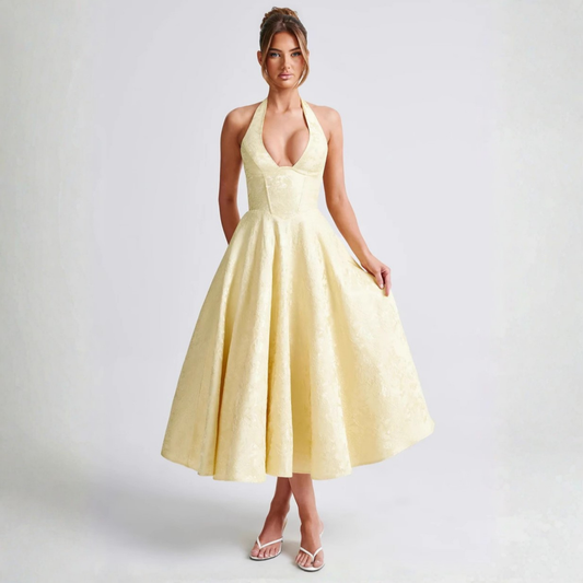 Ziora | Chic Low Cut Sleeveless Open Back A-Line Halter Maxi Dress