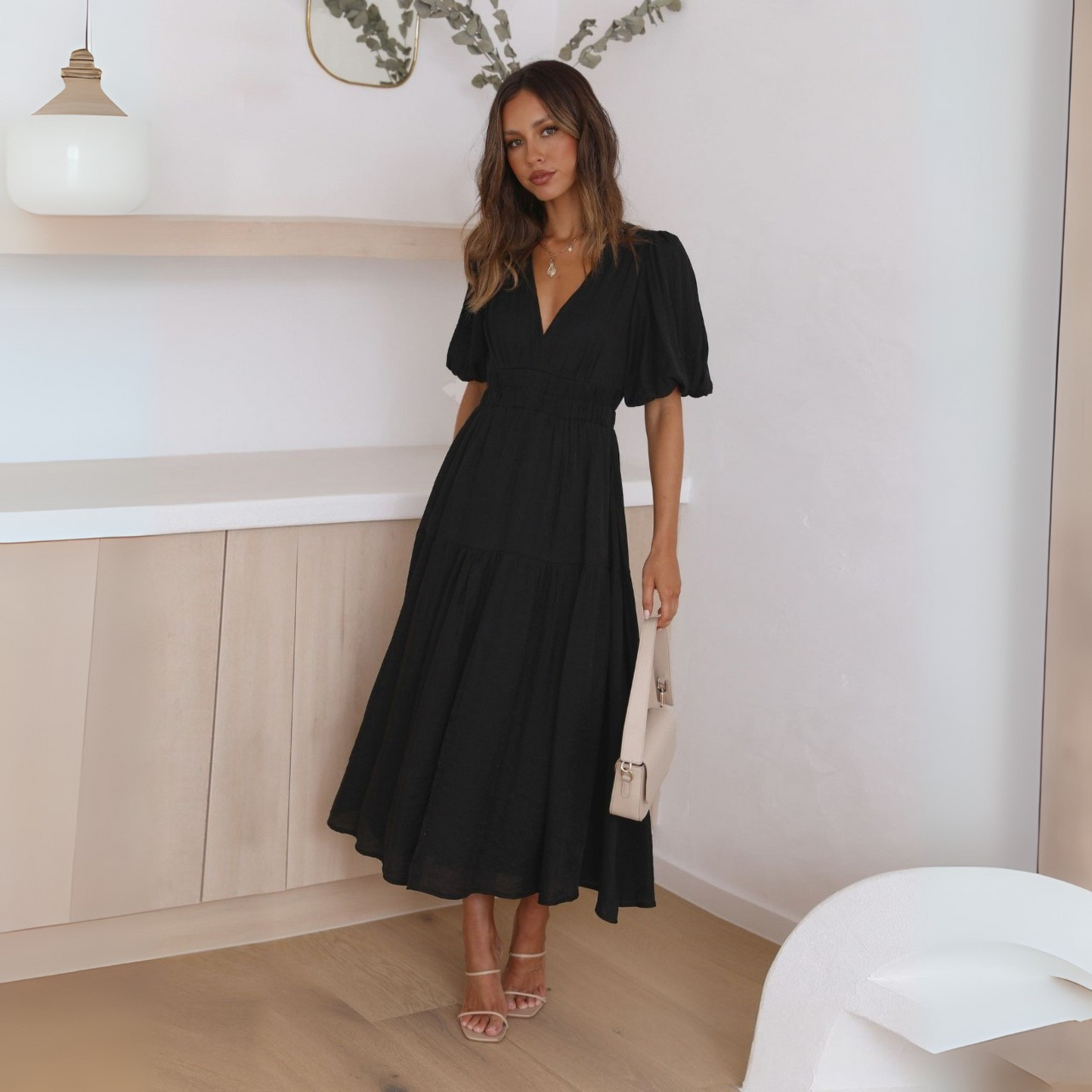Namu | Classy V-Neck Long Sleeve A-Line Maxi Dress