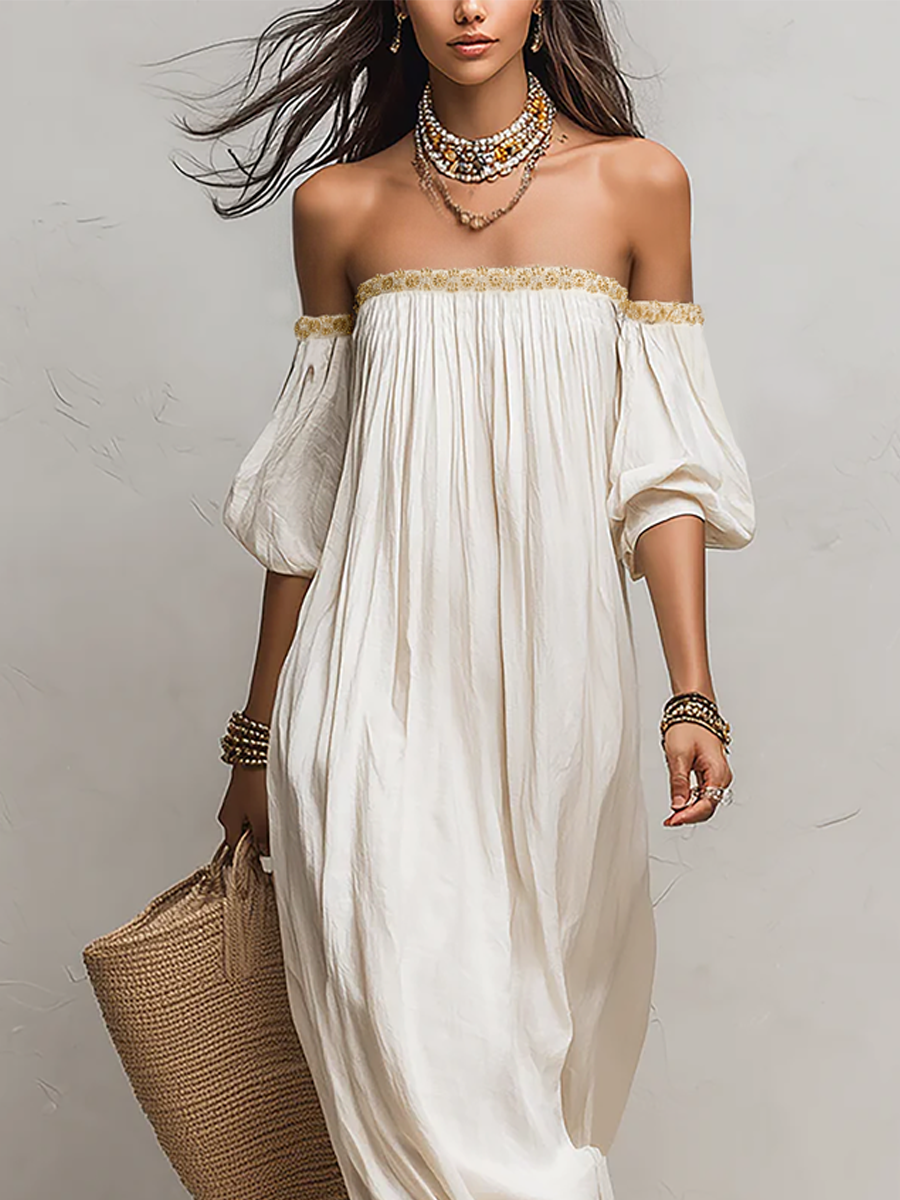 Inez | Pleated Off-Shoulder Maxi Dress