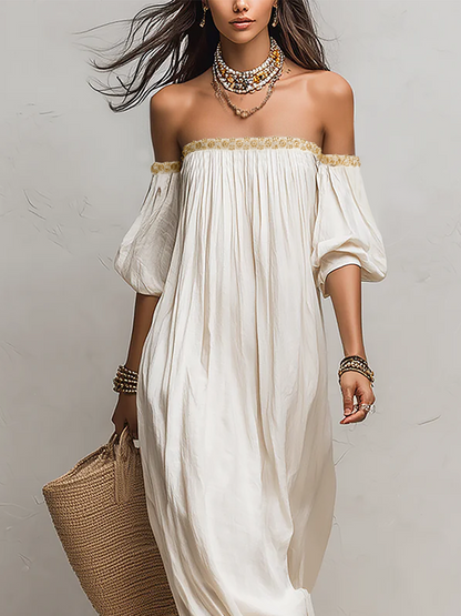 Inez | Pleated Off-Shoulder Maxi Dress