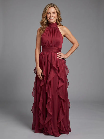 Orea™ High Neck Gathered Ruffle Layers Maxi Dress