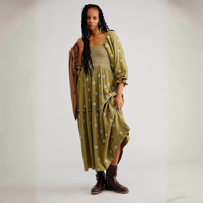 Hannah | Comfy Floral Lantern Sleeve Square Neck Maxi Dress
