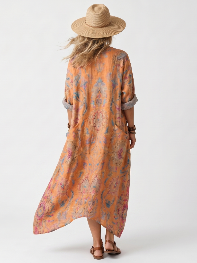 Romy | Notch Neck Printed Oversized Pocket Midi Dress