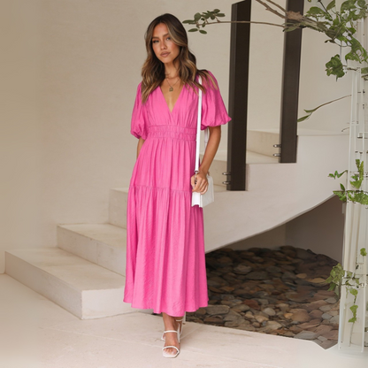 Namu | Classy V-Neck Long Sleeve A-Line Maxi Dress