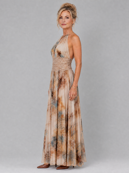 Elavenue™ Halter Neck Lace Waist Maxi Dress