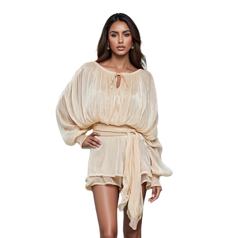 Sara | Ruffle Skirt Two-Piece with Lantern Sleeves & Tie-up Front