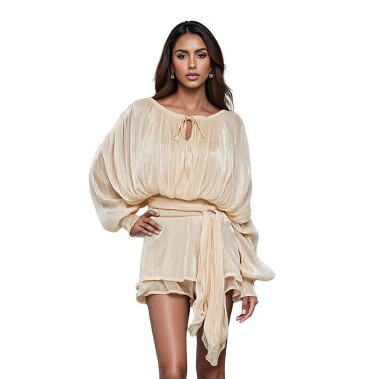 Sara | Ruffle Skirt Two-Piece with Lantern Sleeves & Tie-up Front