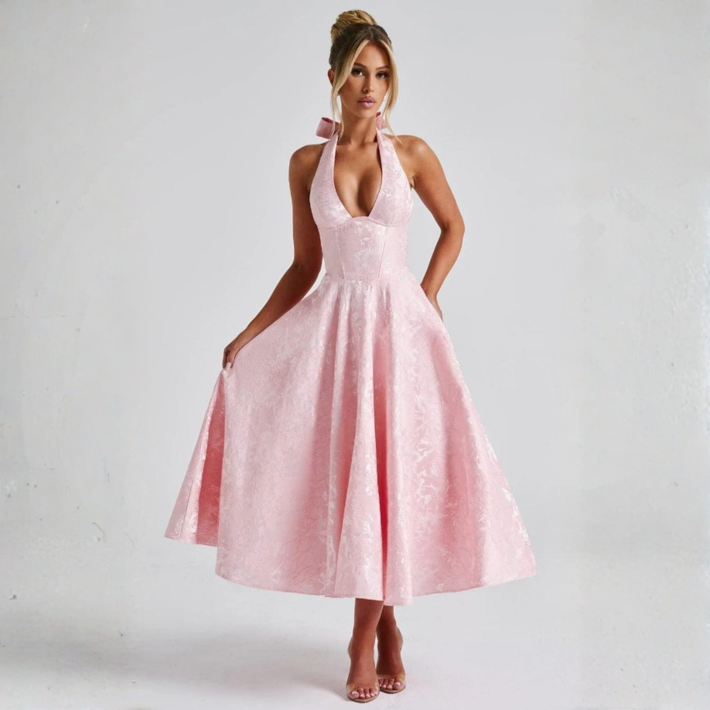 Ziora | Chic Low Cut Sleeveless Open Back A-Line Halter Maxi Dress