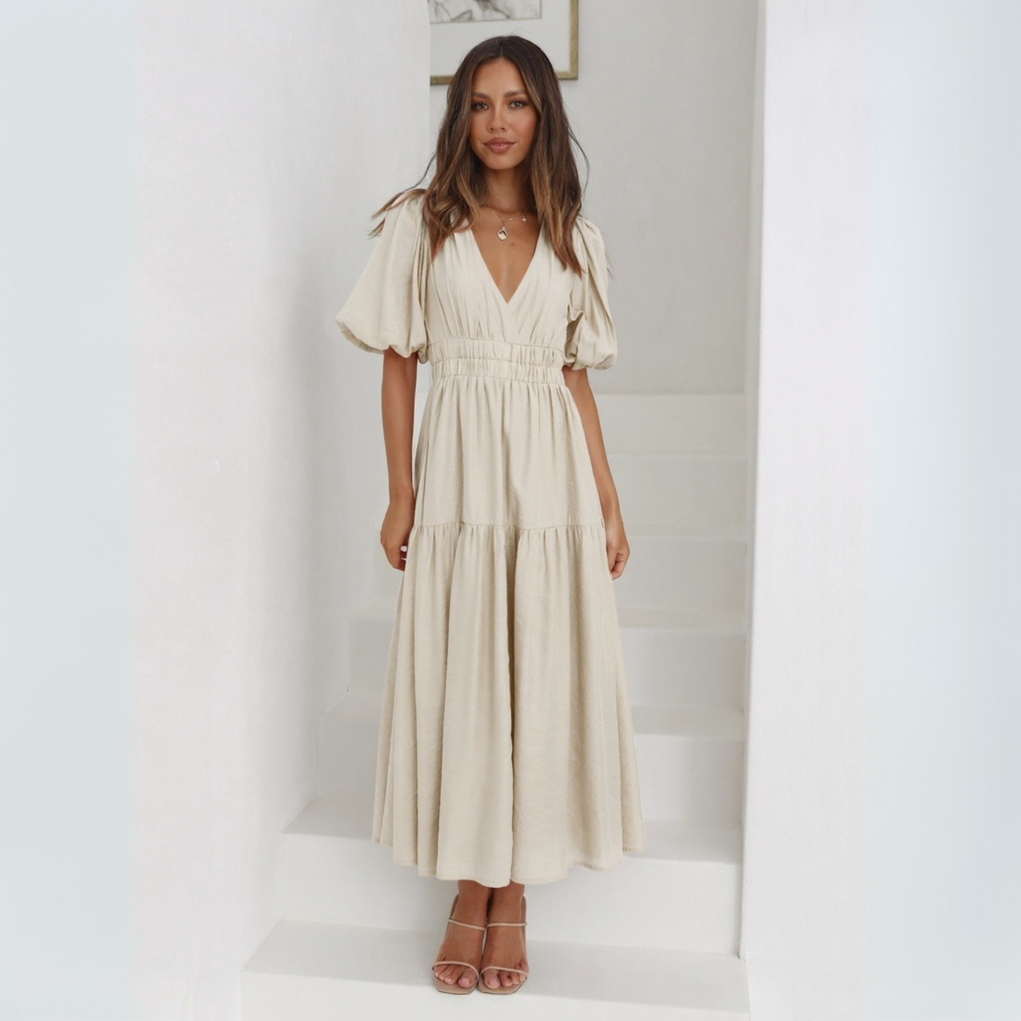 Namu | Classy V-Neck Long Sleeve A-Line Maxi Dress