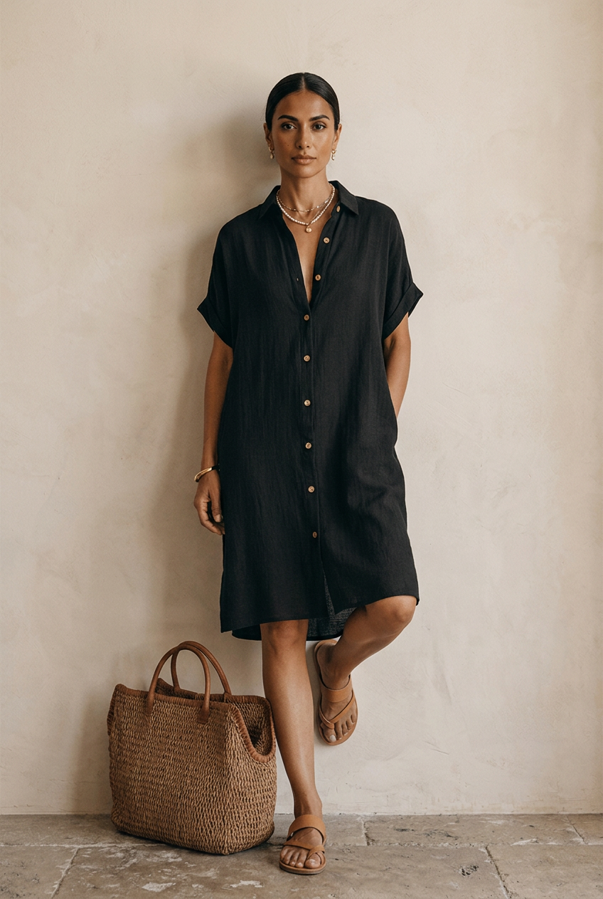 Georgie | Black Linen Relaxed Midi Dress