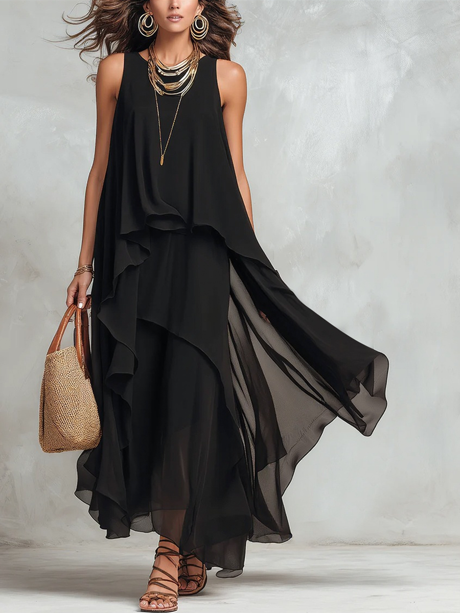 Juniper | Black Layered Chiffon Maxi Dress