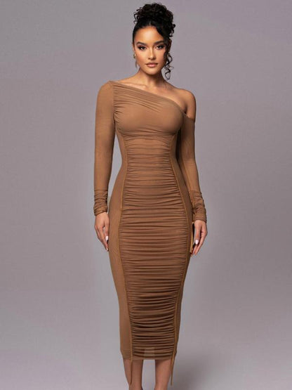Margaret | Striped Ruched Asymmetrical Neck Bodycon Dress