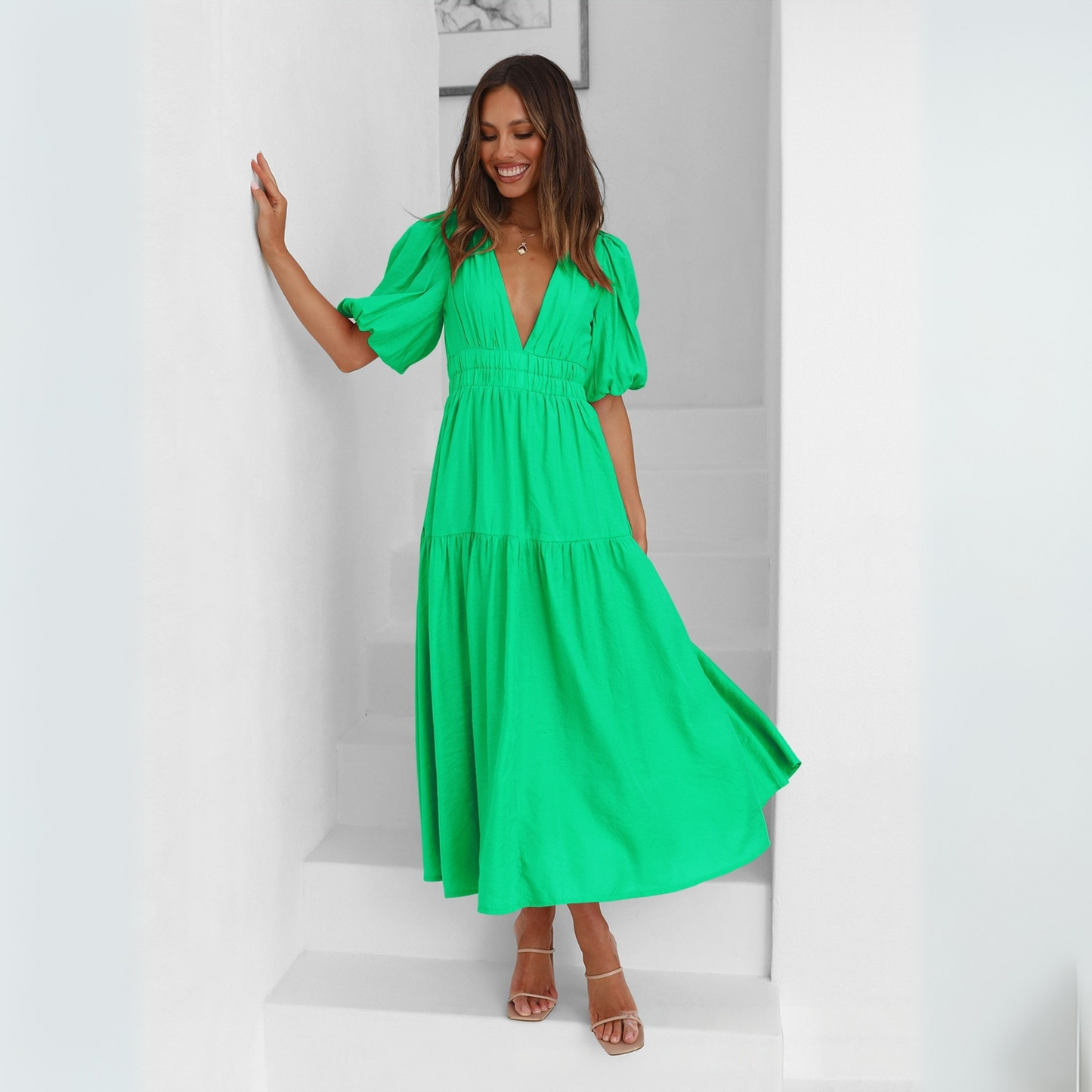 Namu | Classy V-Neck Long Sleeve A-Line Maxi Dress