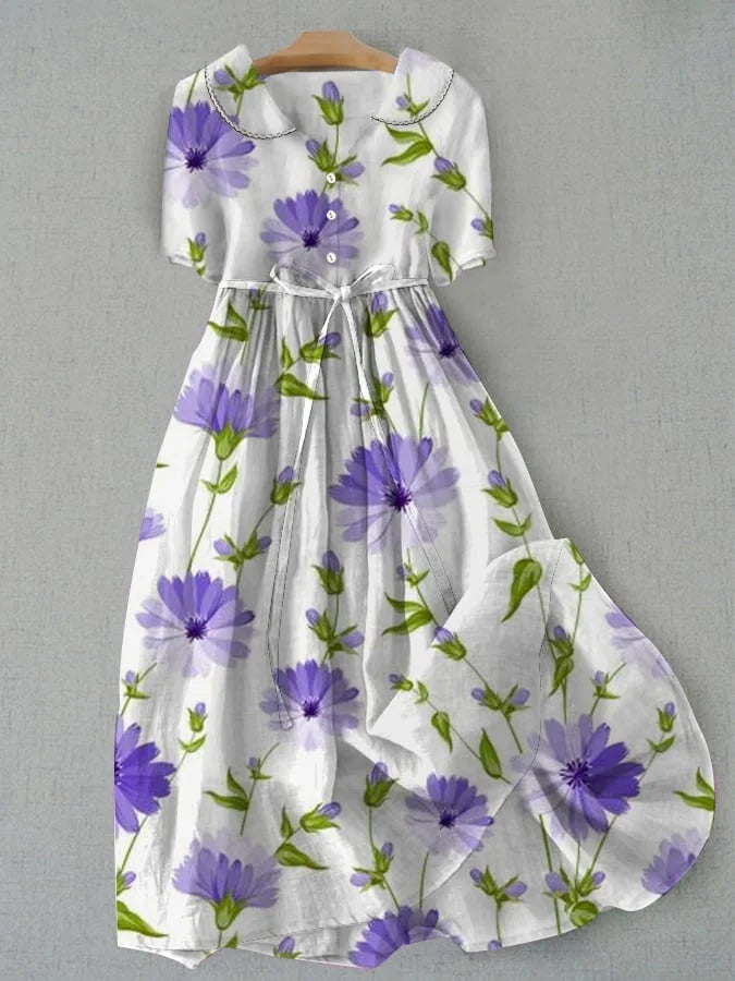 Sage | Retro Lace-Up Waist Half Sleeve Floral Dress