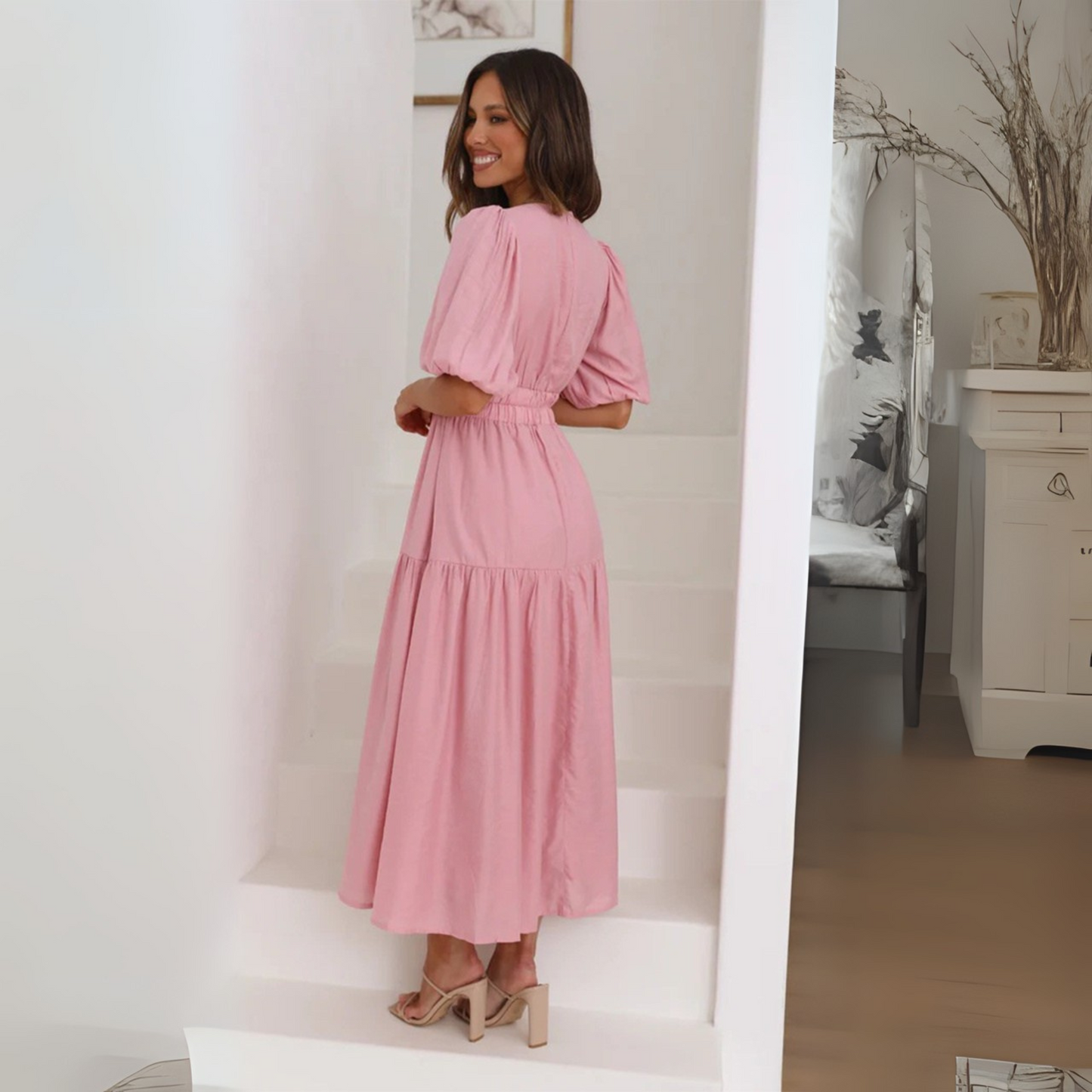 Namu | Classy V-Neck Long Sleeve A-Line Maxi Dress