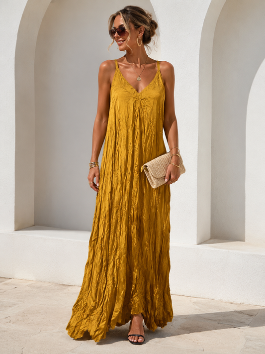 Camellia | Crinkle Maxi Dress in Gold