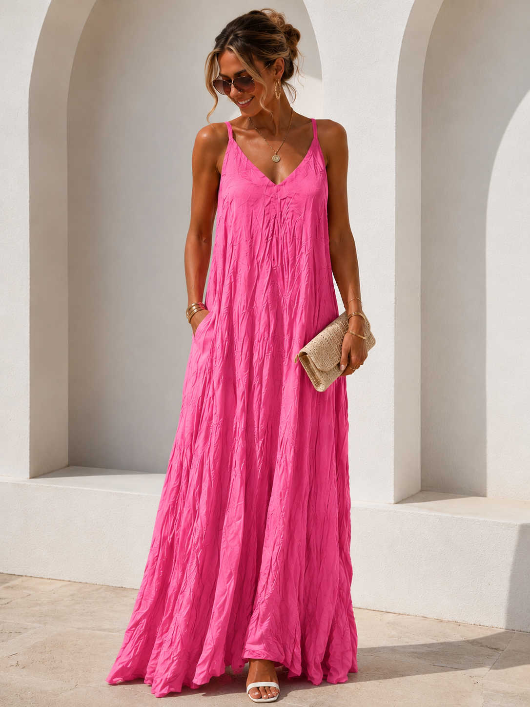 Azalea | Crinkle Maxi Dress in Fuchsia