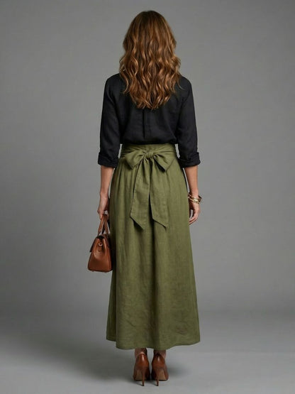 Vera | Two-Piece Set Black Blouse Olive Green Midi Skirt