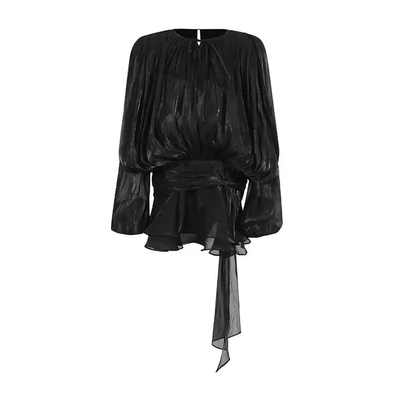Sara | Ruffle Skirt Two-Piece with Lantern Sleeves & Tie-up Front