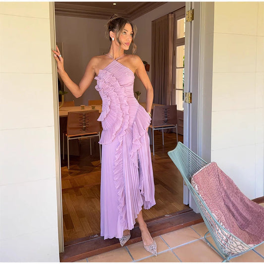 Regine | Elegant Halter Neck Lotus Summer Maxi Dress