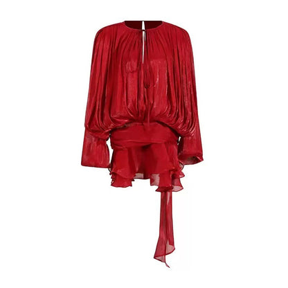Sara | Ruffle Skirt Two-Piece with Lantern Sleeves & Tie-up Front