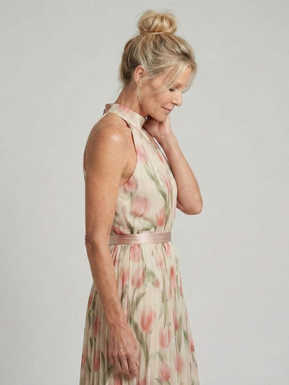 Aurelle | Floral Pattern Midi Dress with Halter Neck