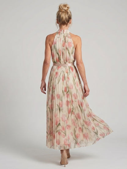 Aurelle | Floral Pattern Midi Dress with Halter Neck