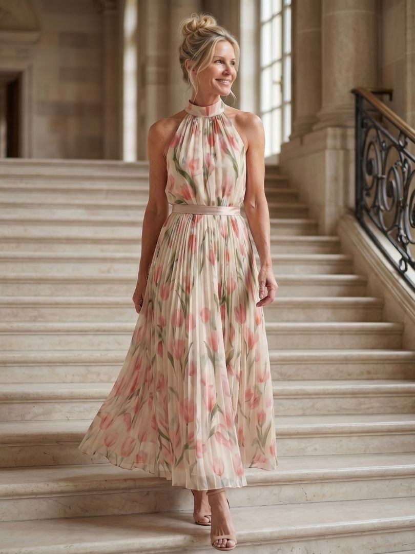 Aurelle | Floral Pattern Midi Dress with Halter Neck