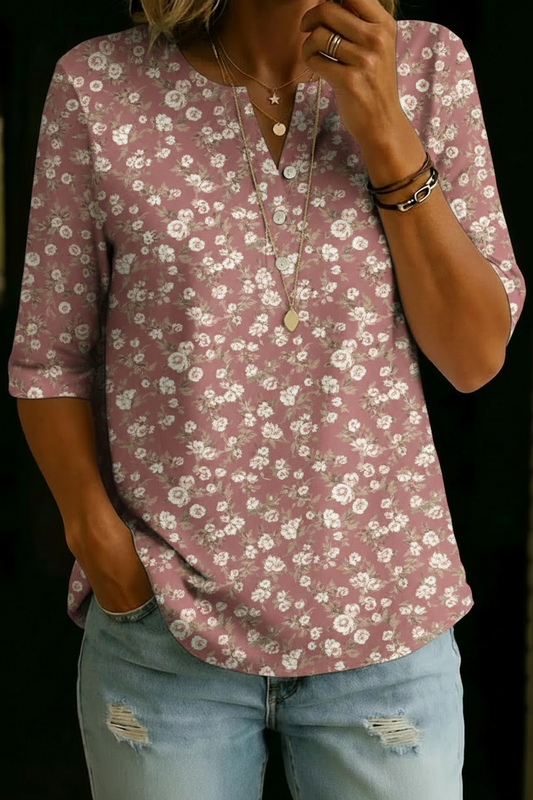 Gabriella | Dusty Pink Floral Henley Top
