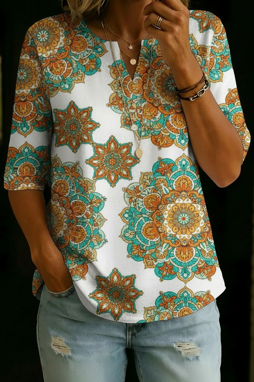 Naomi | Teal Mandala Henley Top