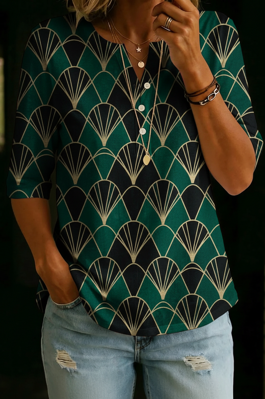 Skylar | Emerald Art Deco Henley Top