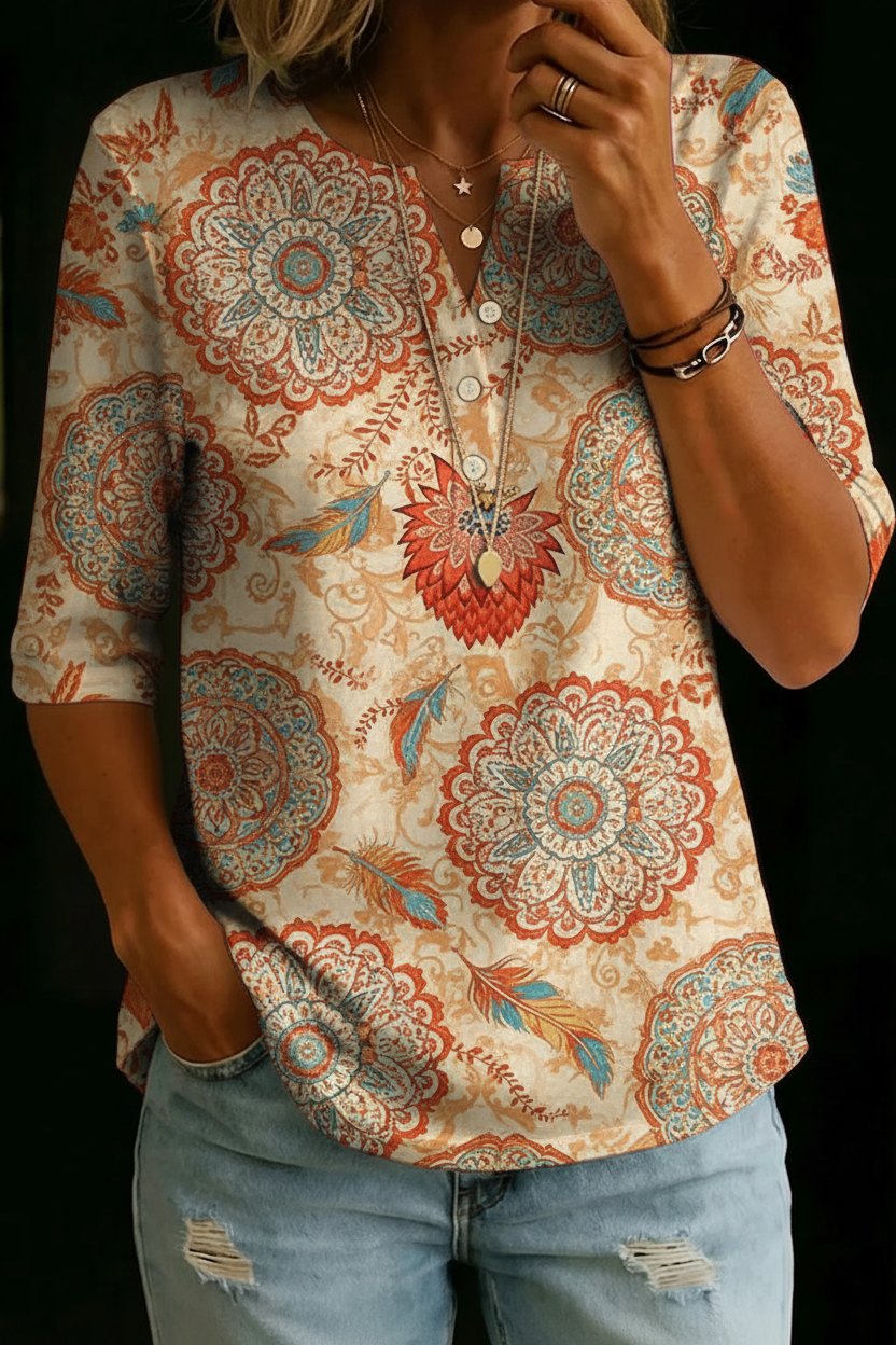 Everly | Beige Boho Medallion Henley Top