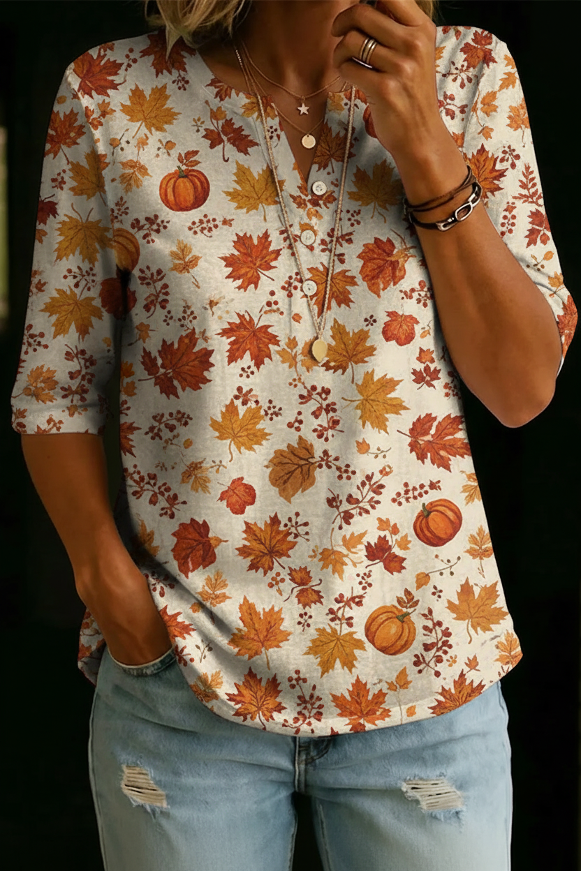 Autumn | Pumpkin Maple Leaf Henley Top