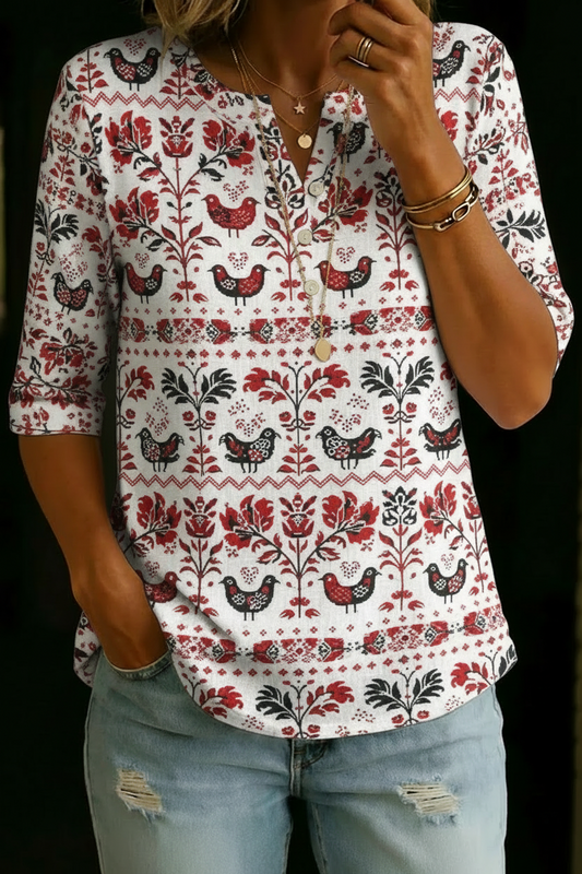 Maya | Red Folk Bird Henley Top